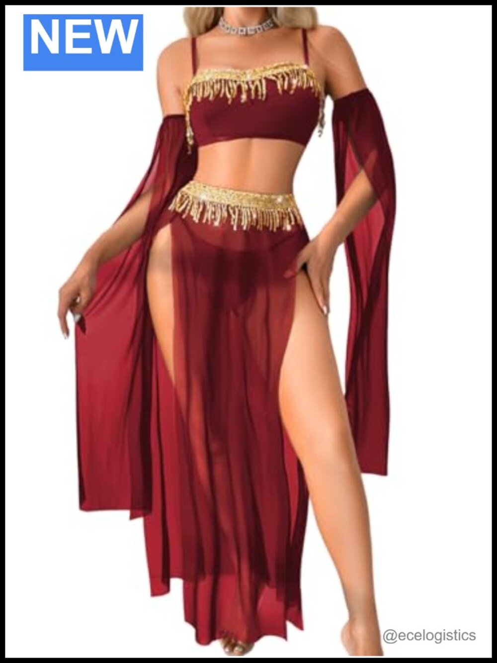 Sequin Fringe Lingerie Set with High Slit Skirt, Crop Top & G-String, 4 Piece